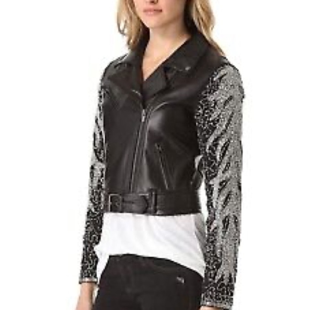 Veda Aquarius Jacket beaded silver Renaissance biker black leather jacket bomber